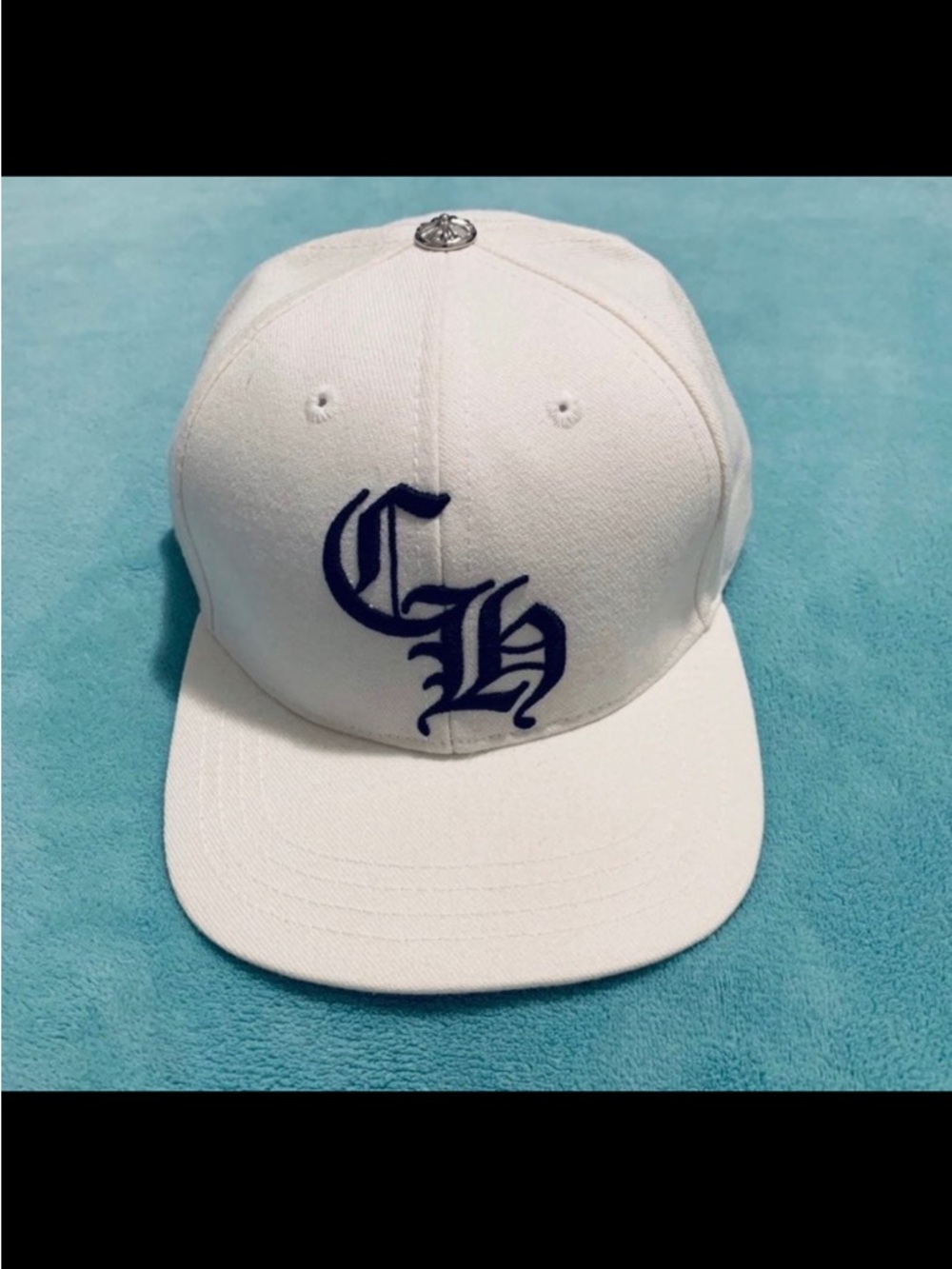 Chrome Hearts White fitted Hat with Navy Gothic 'CH' Embroidery